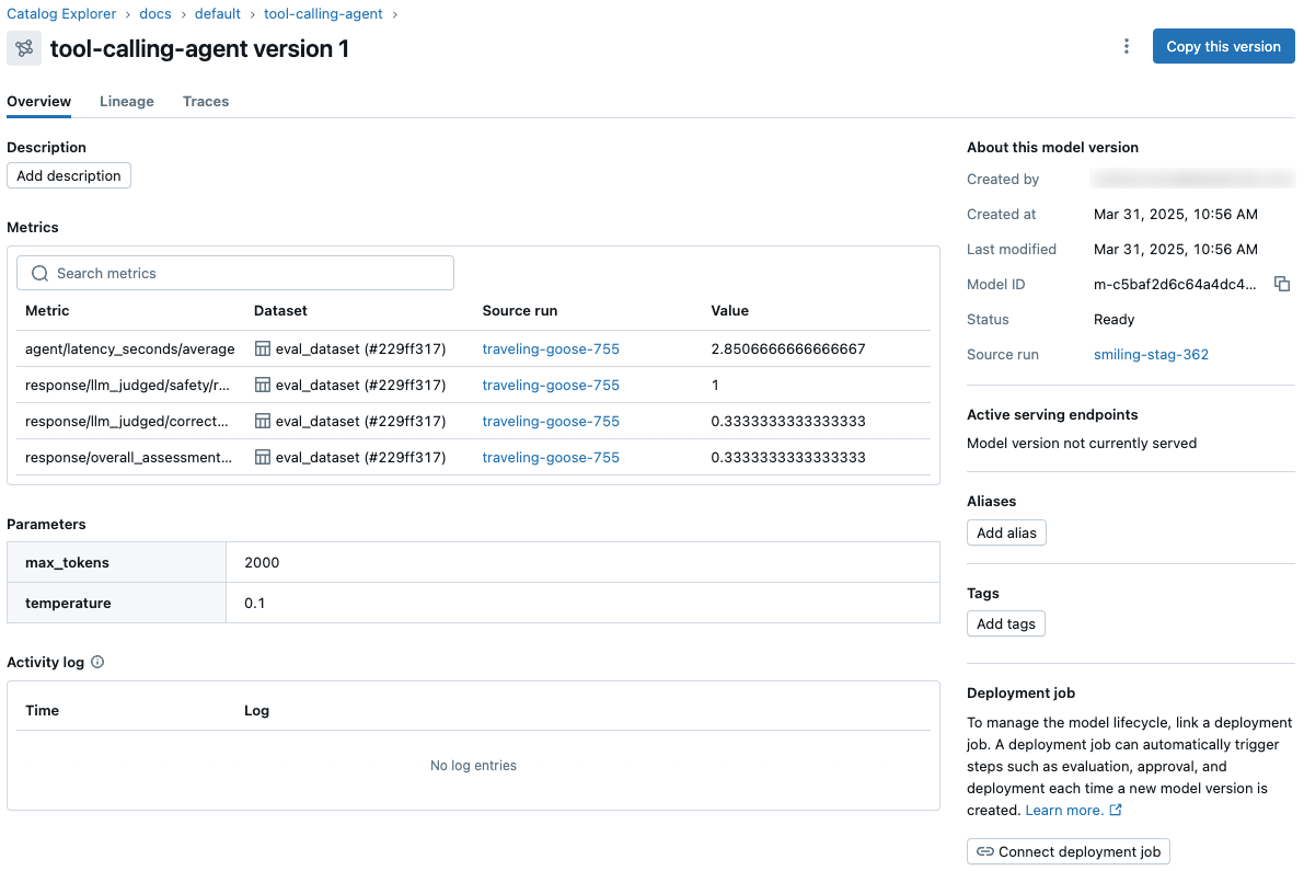 MLflow Model Registry model version page showing version details, stage, and source run